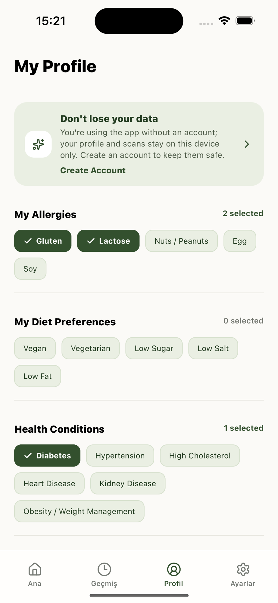 Personal profile and warnings
