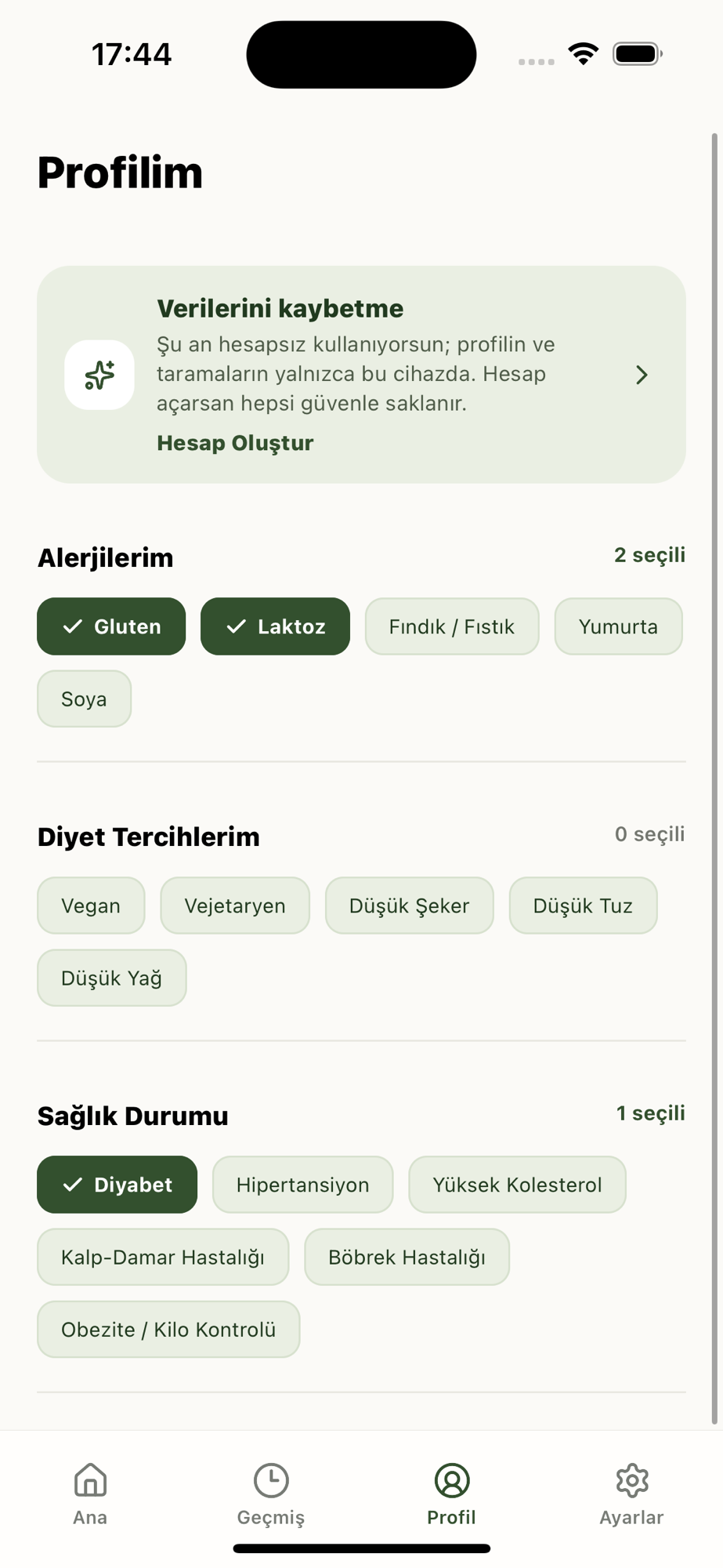 Kişisel profil ve uyarılar