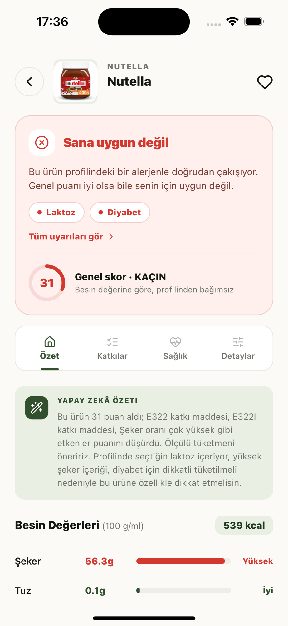 LeafyGrade ürün sonuç ekranı
